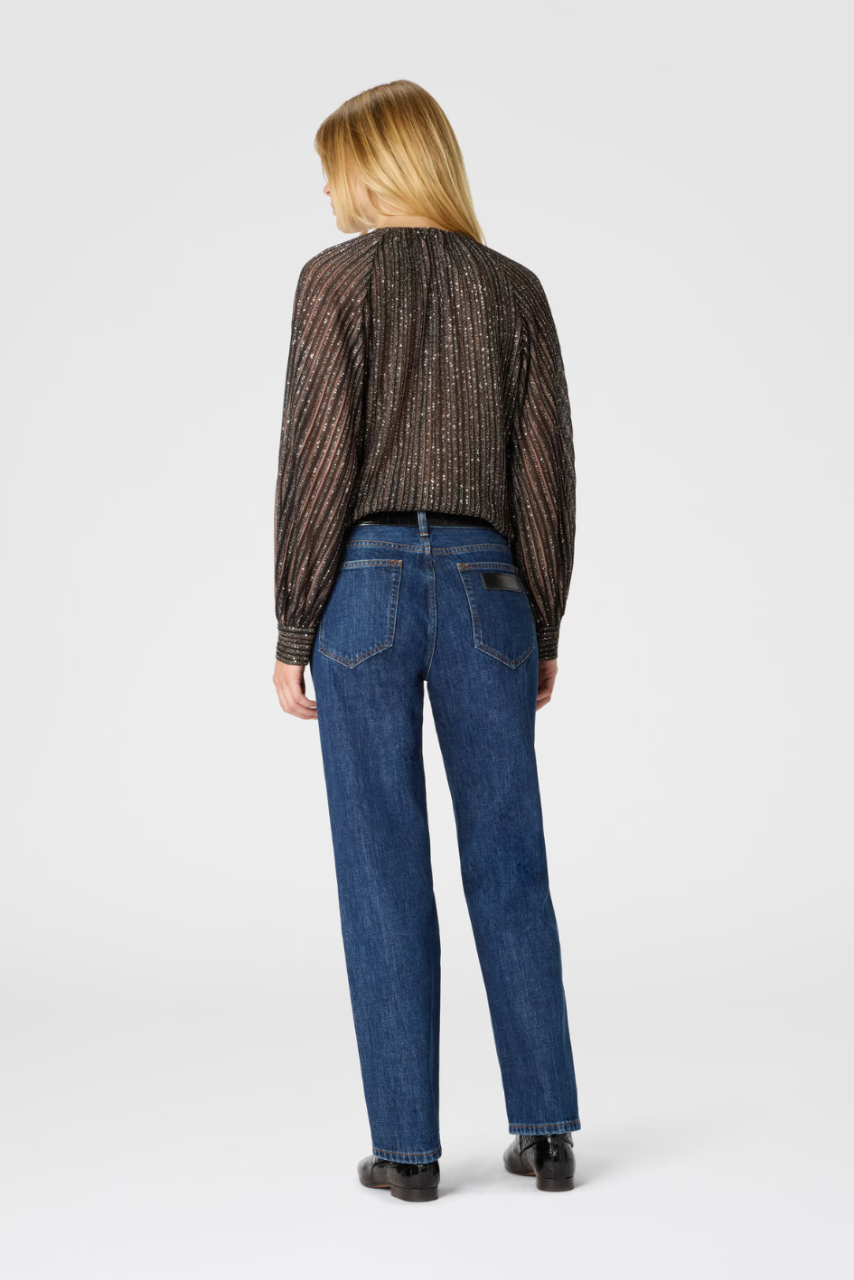 Flared Crew Neck Sweater with Lamé Stripes