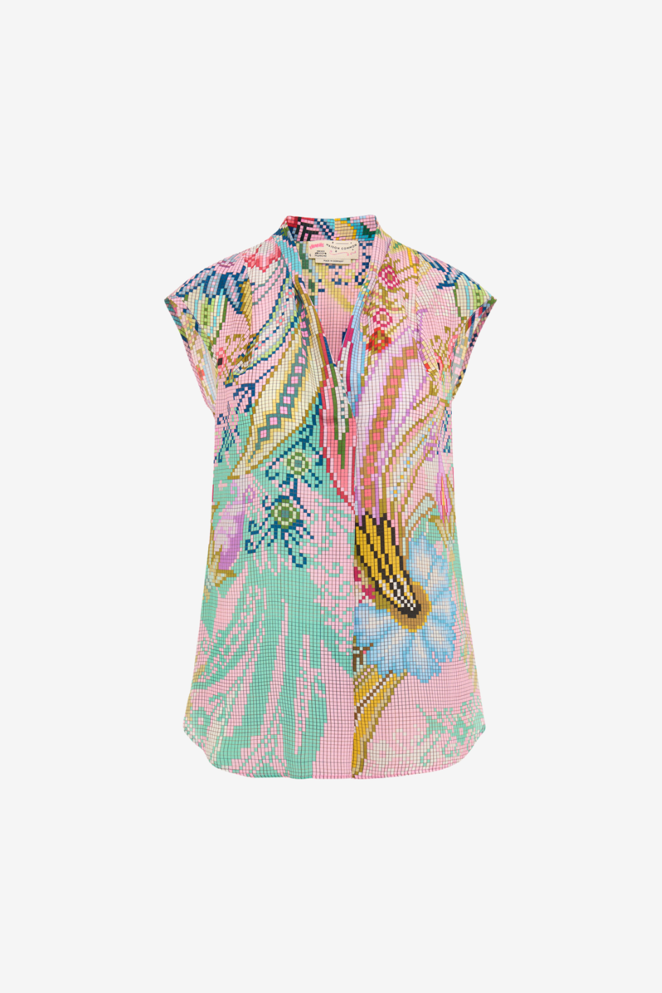 Sleeveless silk blouse with pixel print