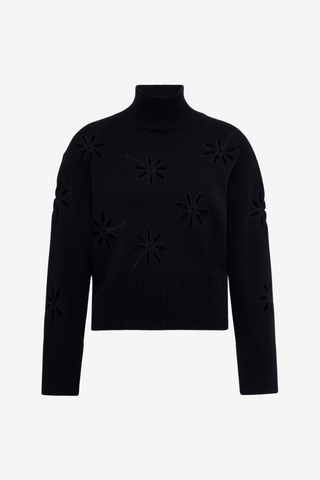 Cropped Knit Sweater with Floral Cut-Outs and Mock Neck