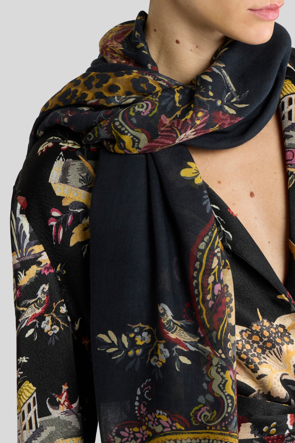 Leopard & Paisley Print Wool Scarf