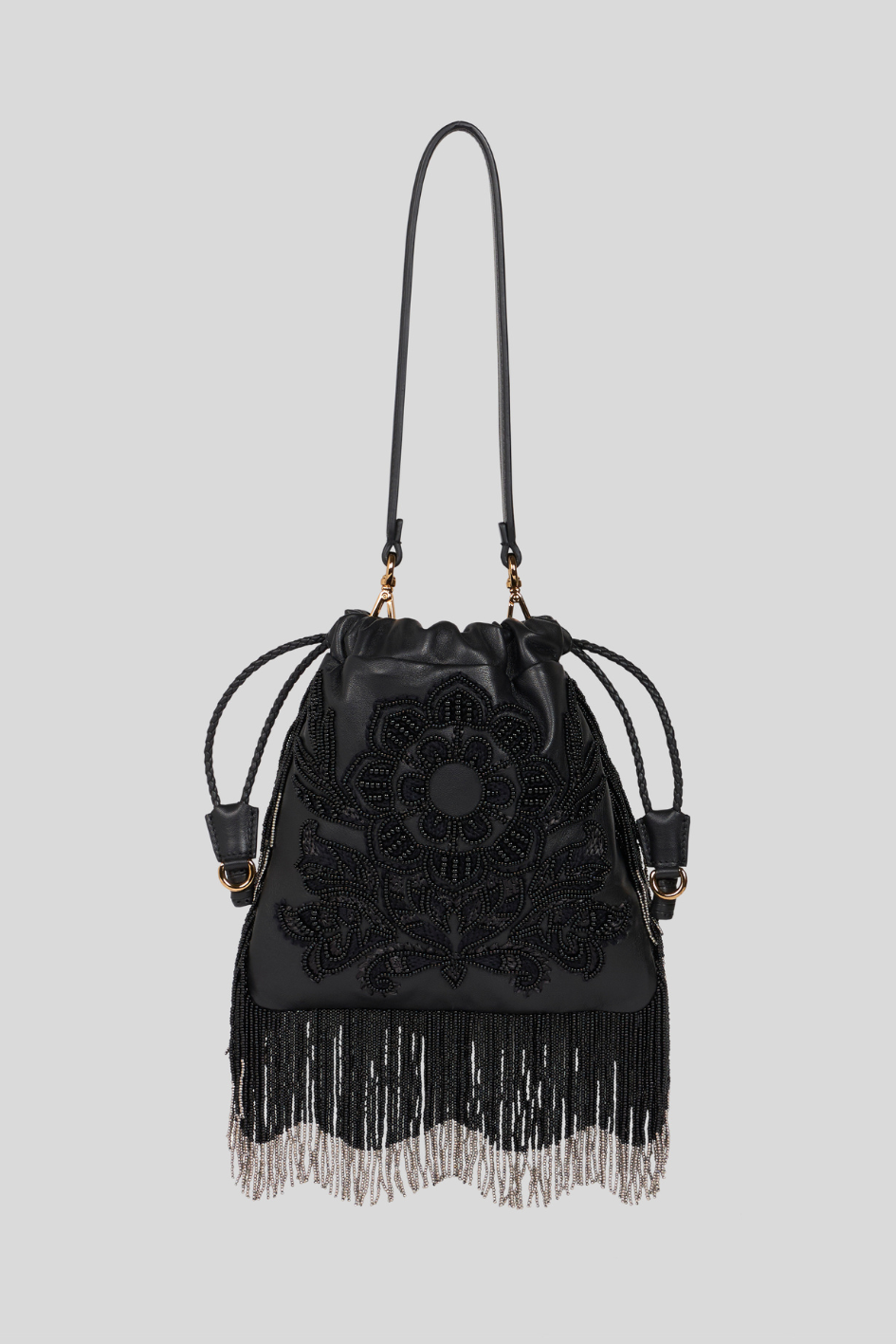 Black Beaded Drawstring Bag with Fringe Detailing