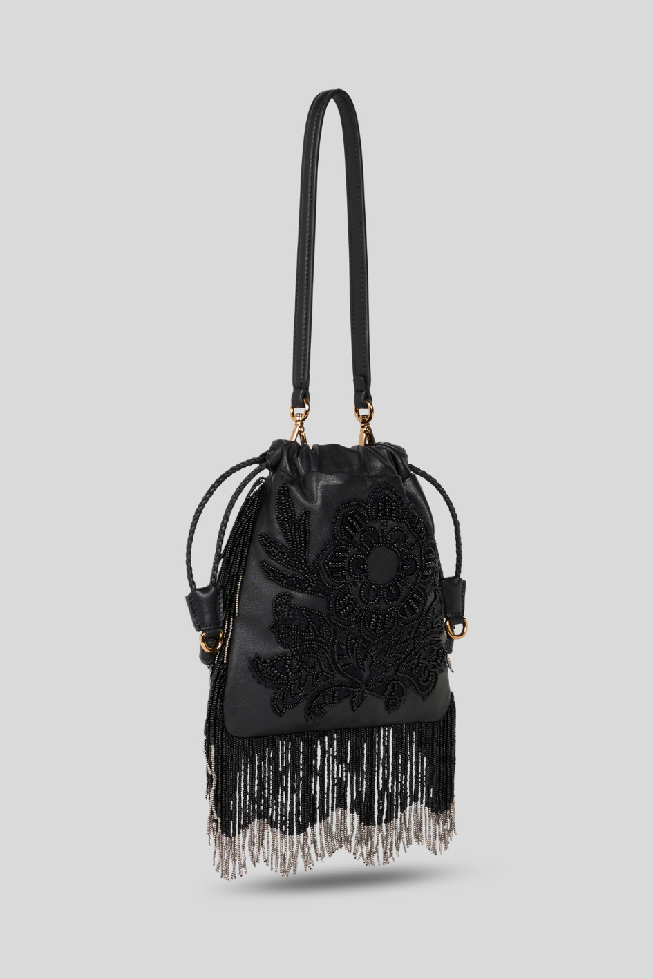 Black Beaded Drawstring Bag with Fringe Detailing