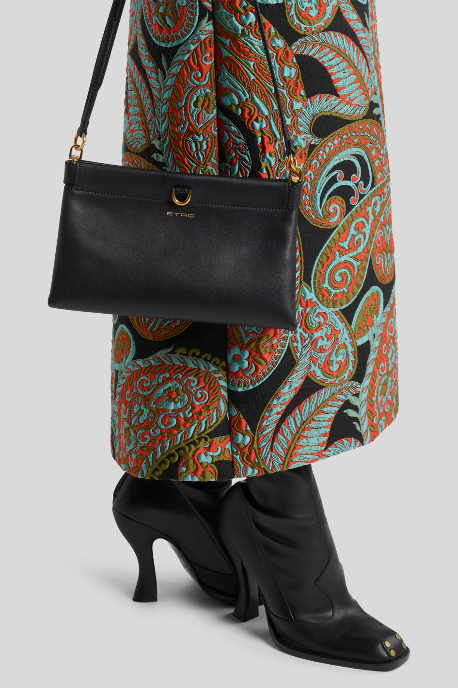 Black Leather Clutch Bag with Gold Details