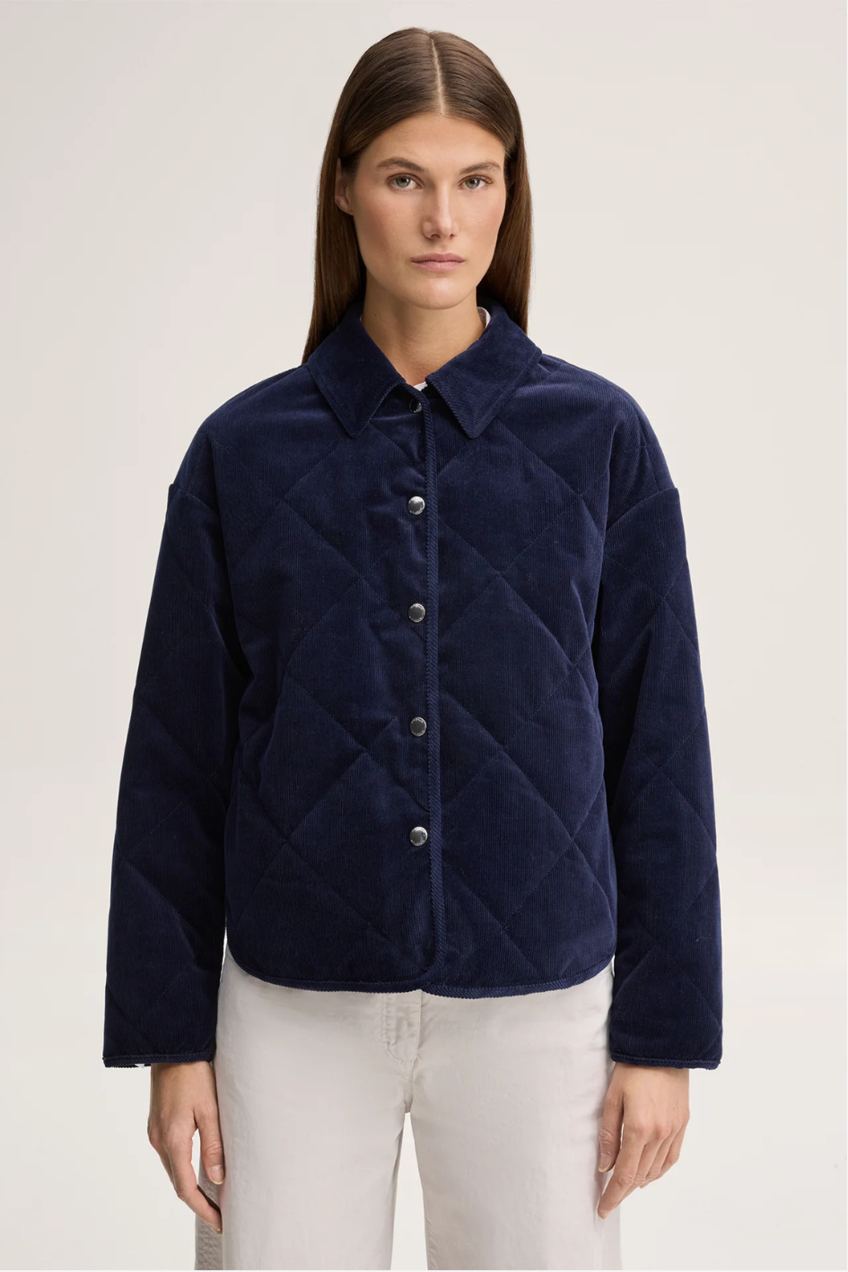 Fine-cord velvet quilted Jacket with a Shirt Collar in dark blue