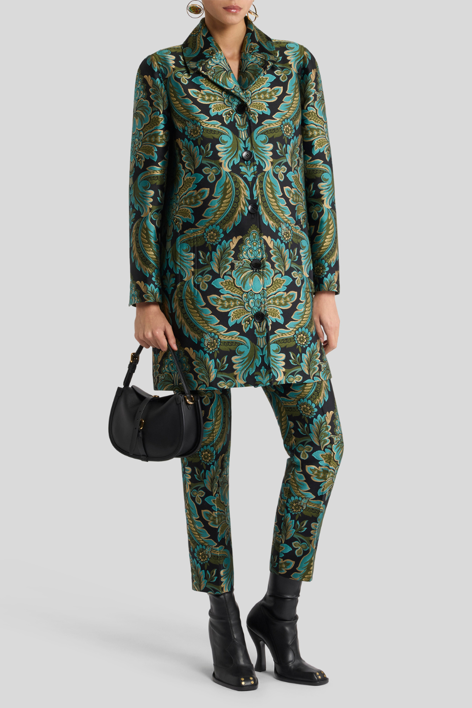 Tapered Jacquard Trousers with Baroque Floral Pattern