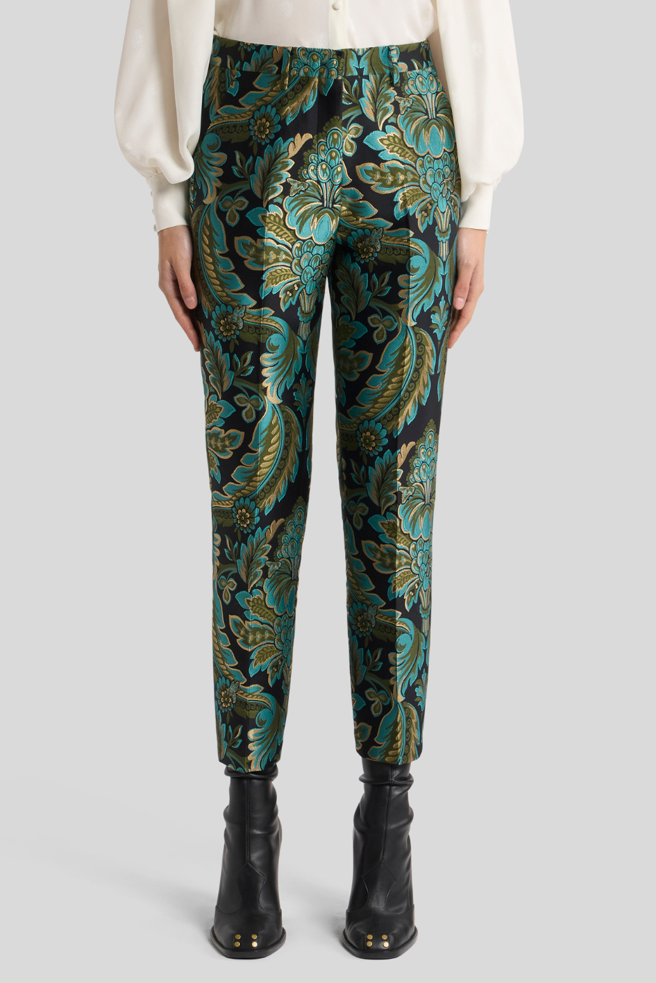 Tapered Jacquard Trousers with Baroque Floral Pattern