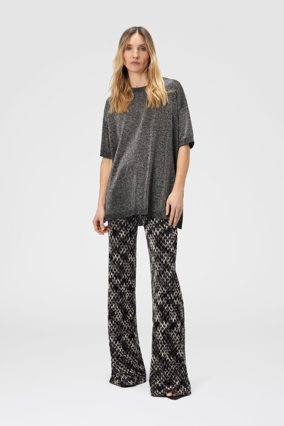 Boxy Crew Neck Sweater in Lamé Silver