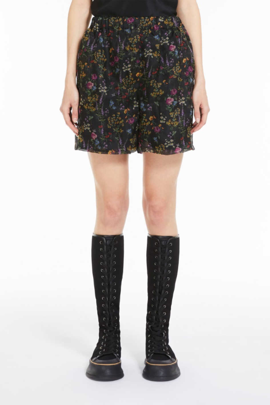 Silk Organza Shorts with Floral Motif