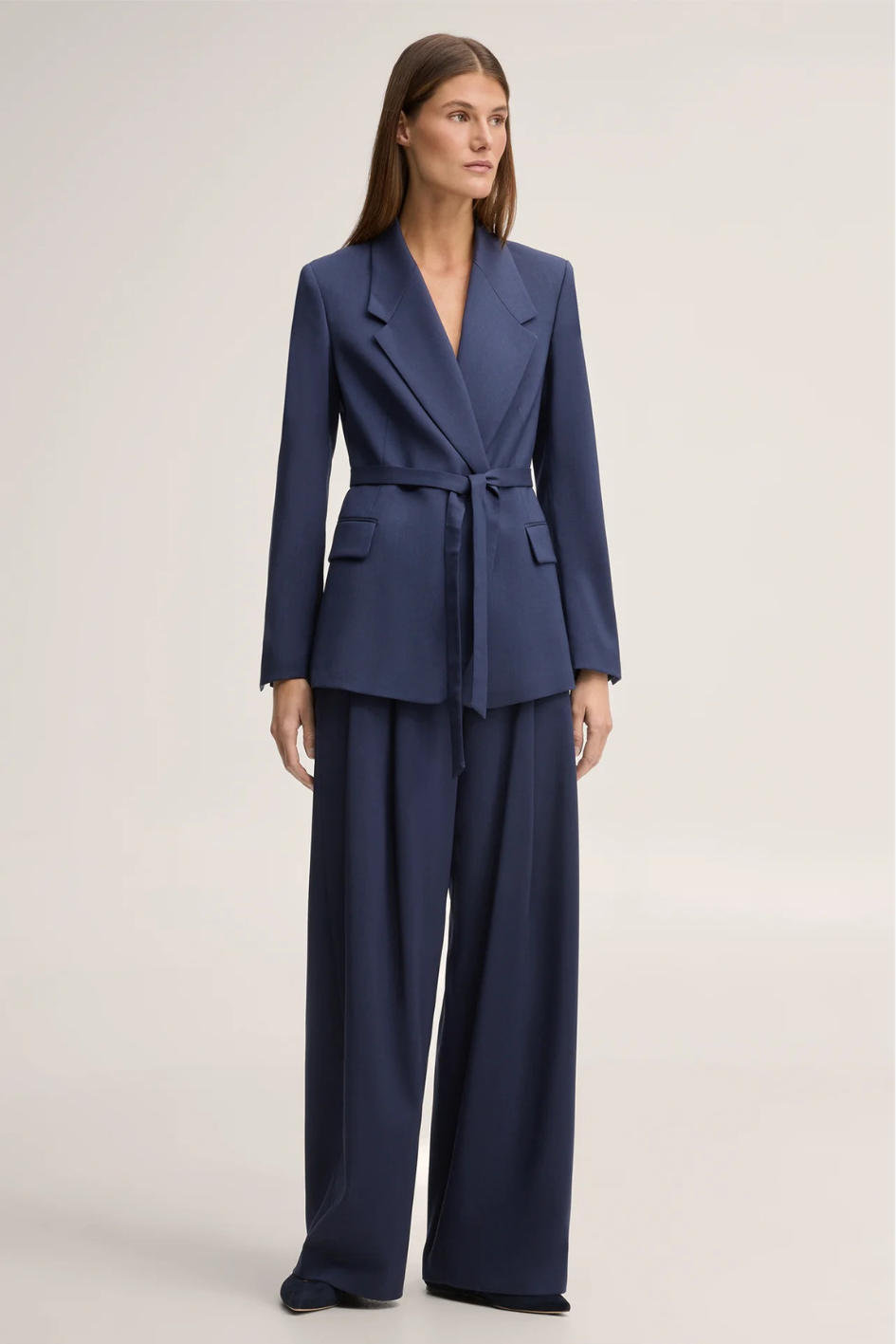 Dark Blue Virgin Wool Crepe Palazzo Pants