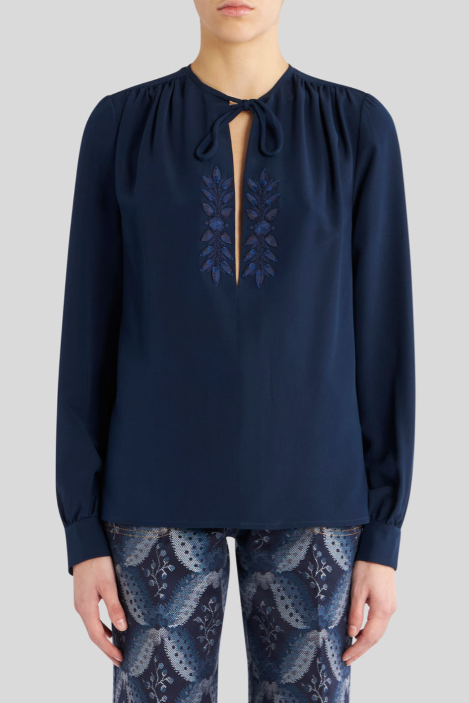 Silk Top with Leaf Embroidery