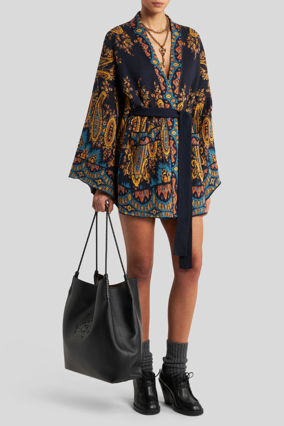 Belted Knit Kimono Jacket with Paisley Pattern
