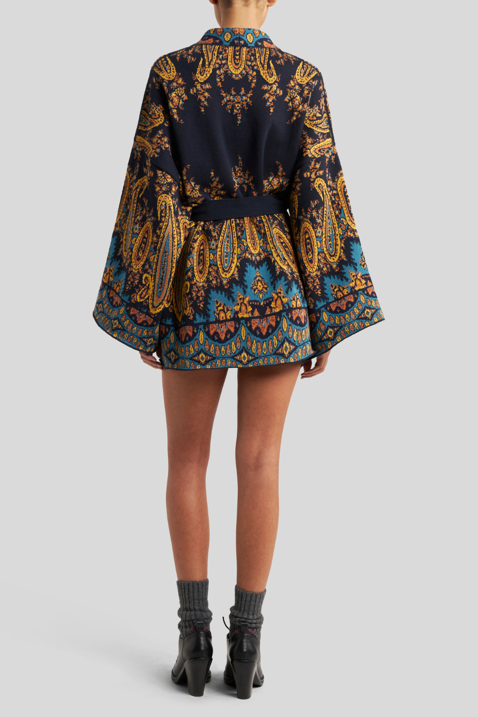 Belted Knit Kimono Jacket with Paisley Pattern