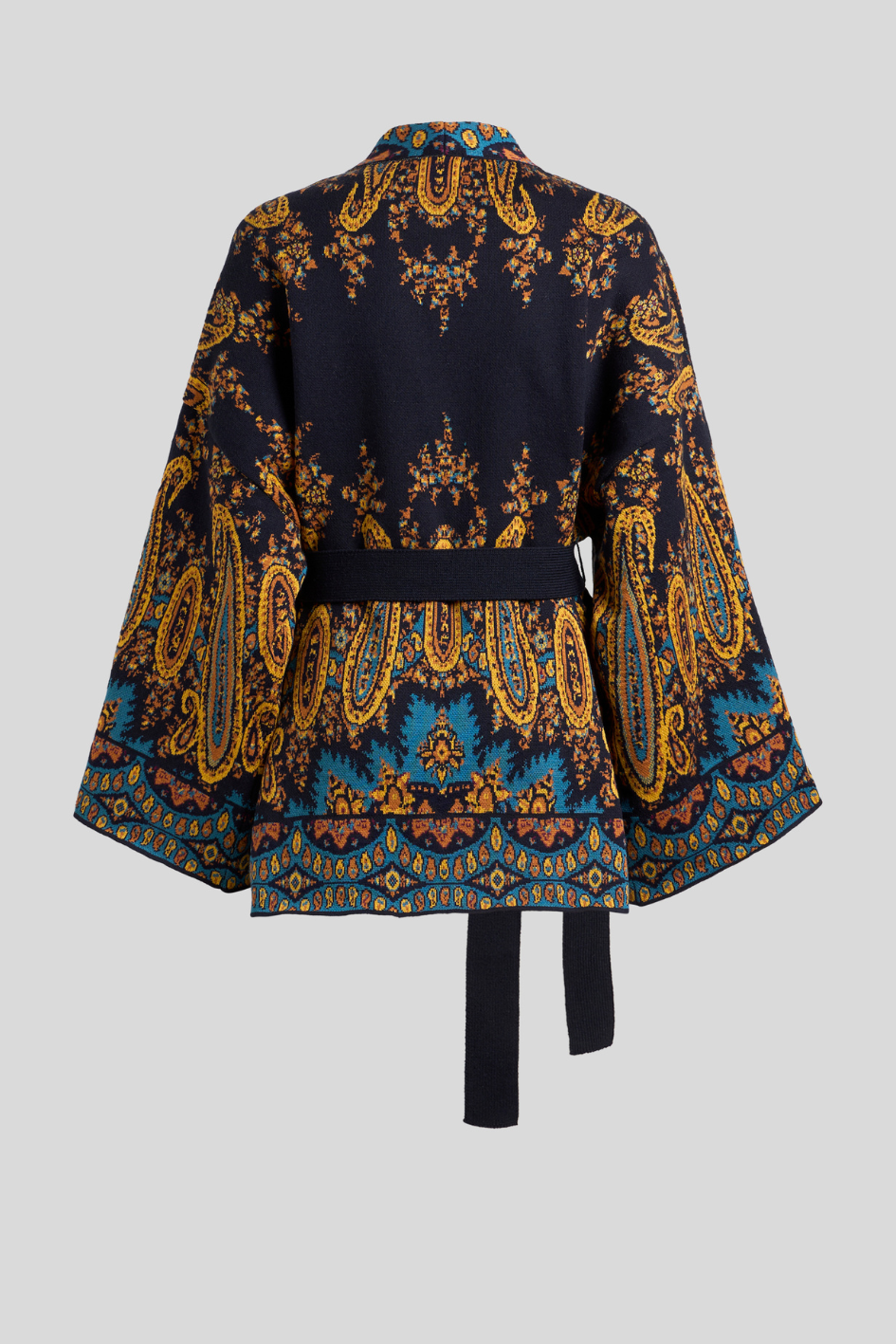 Belted Knit Kimono Jacket with Paisley Pattern