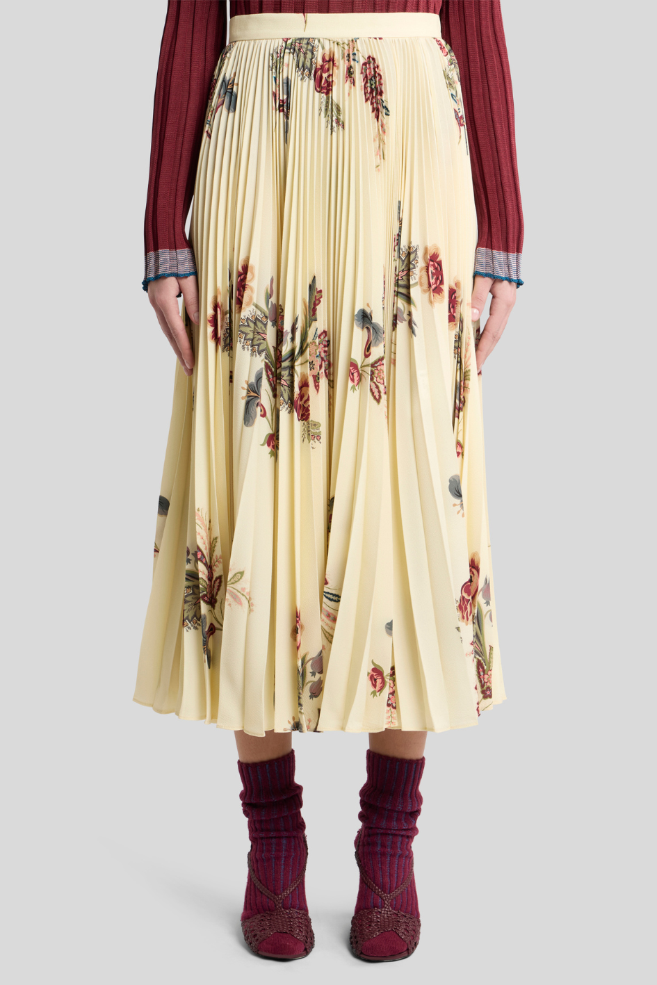Pleated Floral Midi Skirt in Buttercream