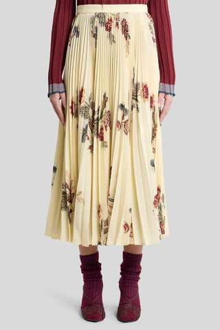 Pleated Floral Midi Skirt in Buttercream
