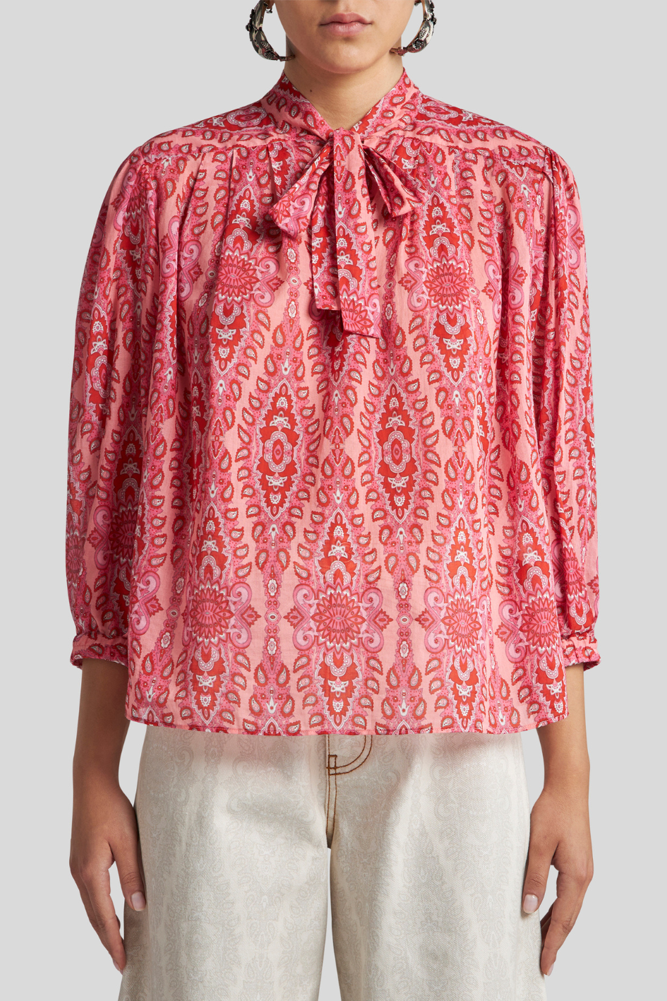 Blouse with Tie Neck and Paisley Pattern