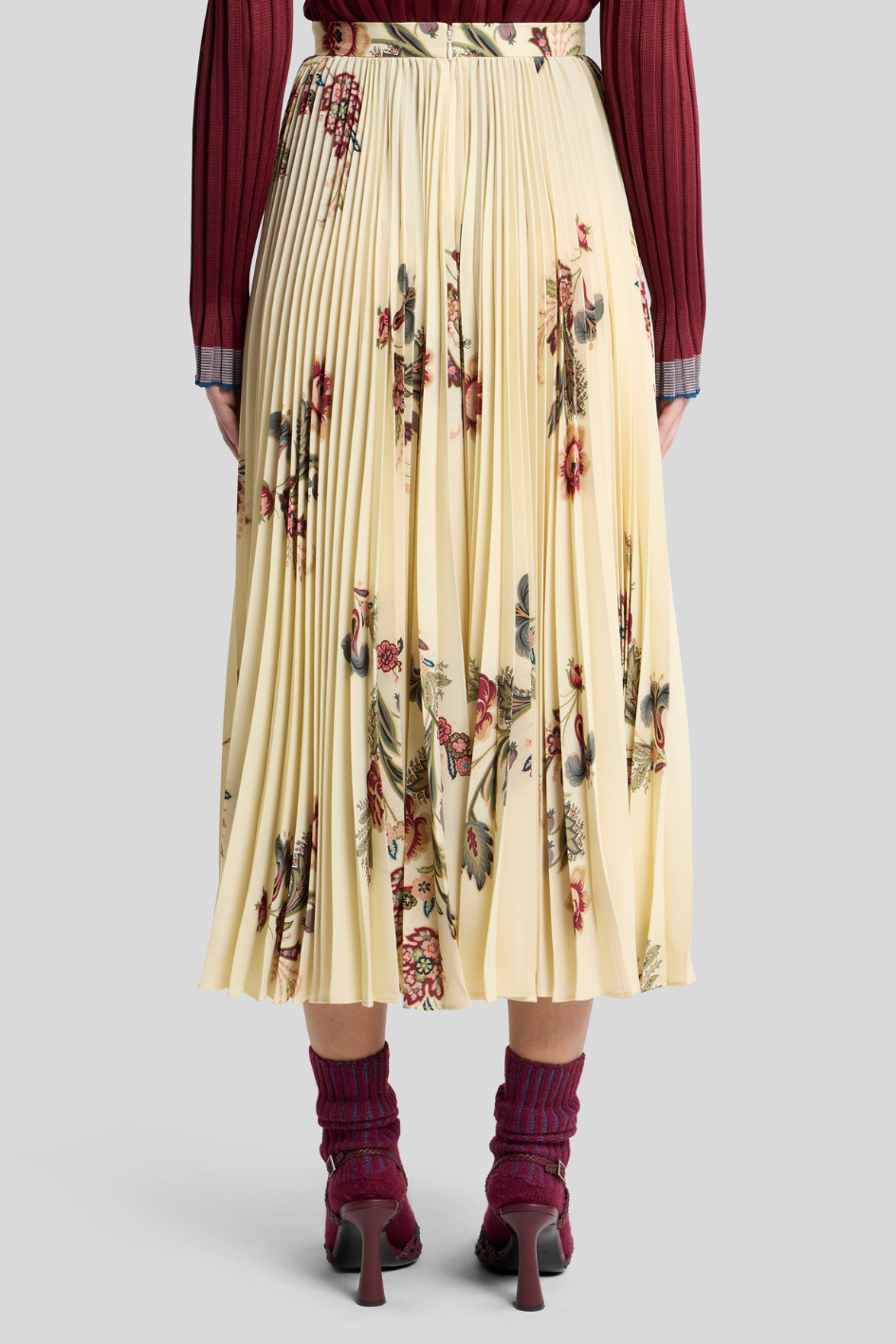 Pleated Floral Midi Skirt in Buttercream