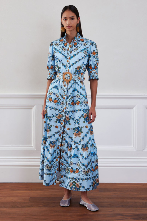 Marni Blue Floral Belted Shirt Dress