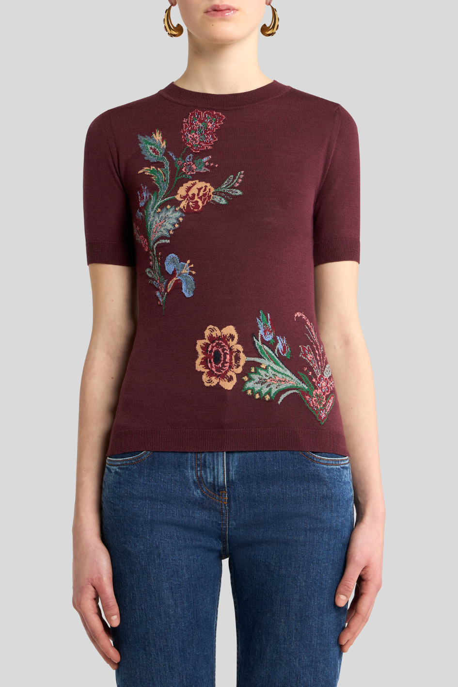Embroidered Floral Knit Top in Burgundy