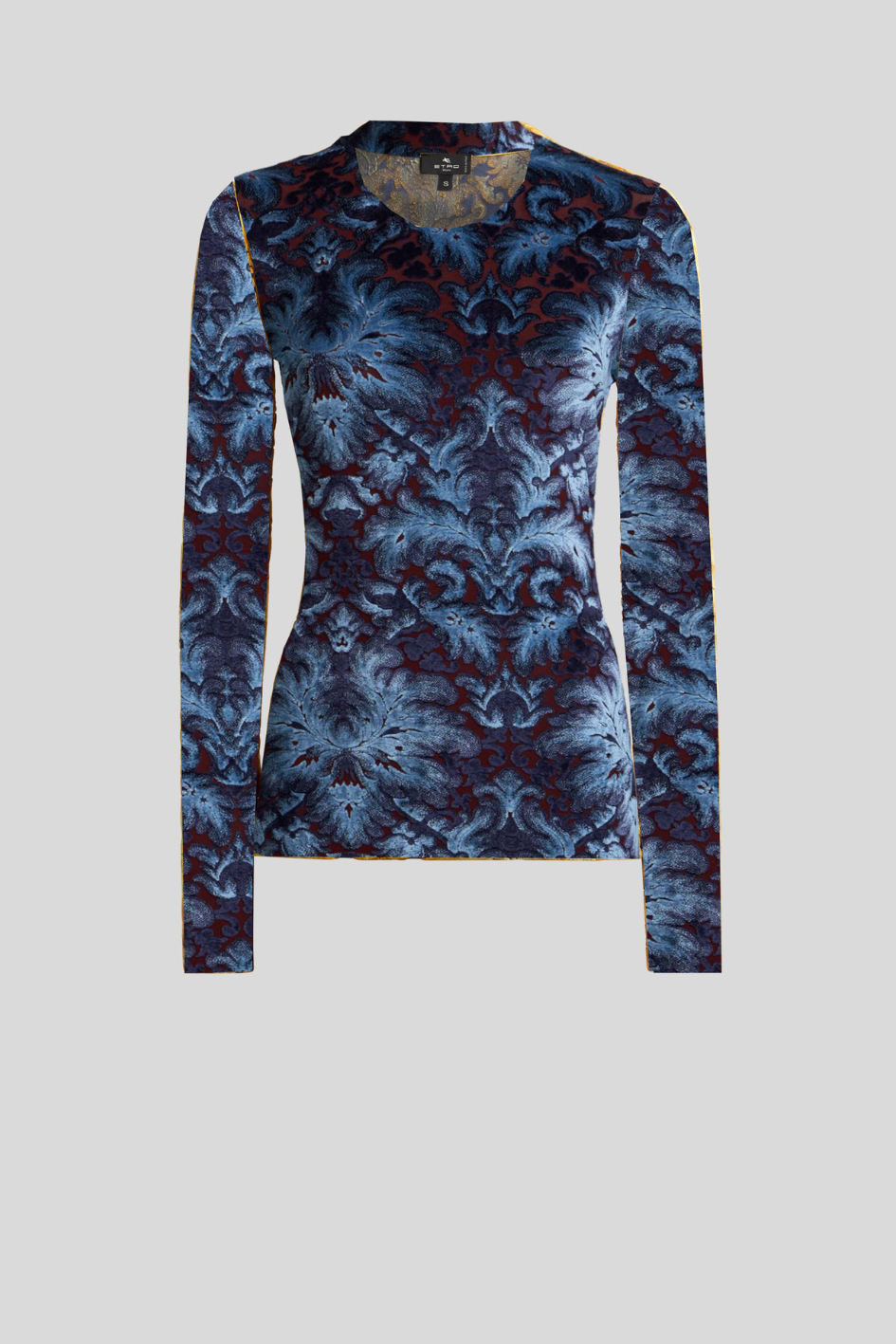 Velvet Long Sleeve Top with Baroque Print