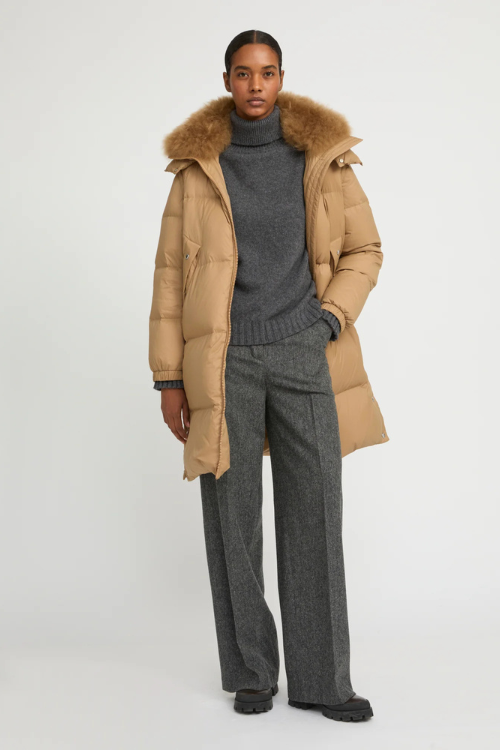 Long down Jacket with lambswool Collar Trim