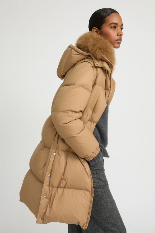 Long down Jacket with lambswool Collar Trim