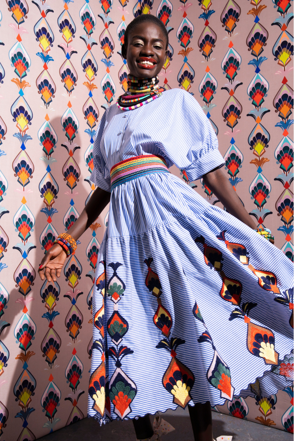 Striped Shirt Dress with Embroidered Details