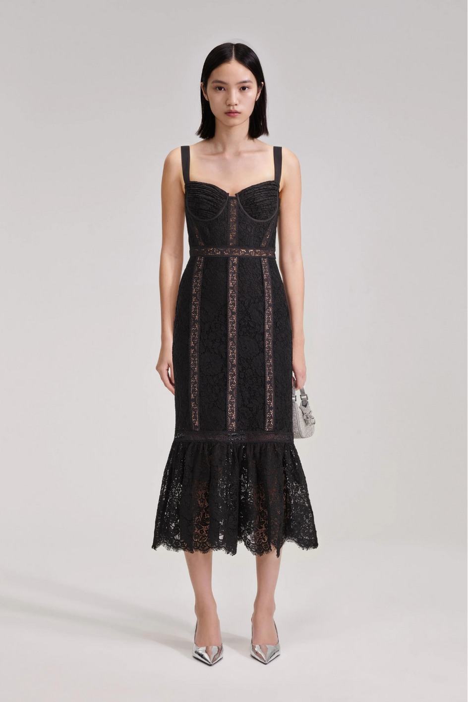 Black Cord Lace Insert Midi Dress
