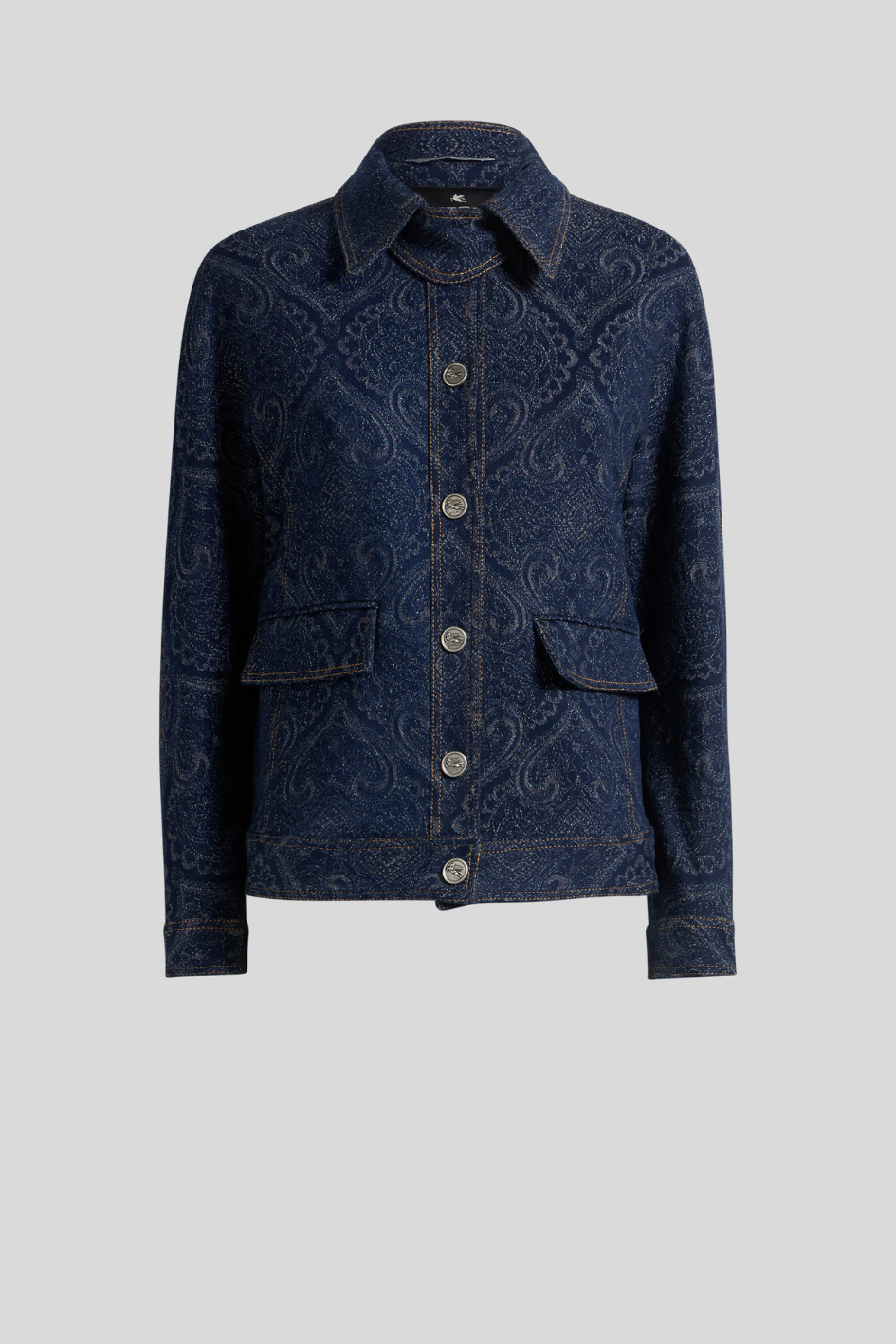 Denim Jacket with Tonal Paisley Pattern
