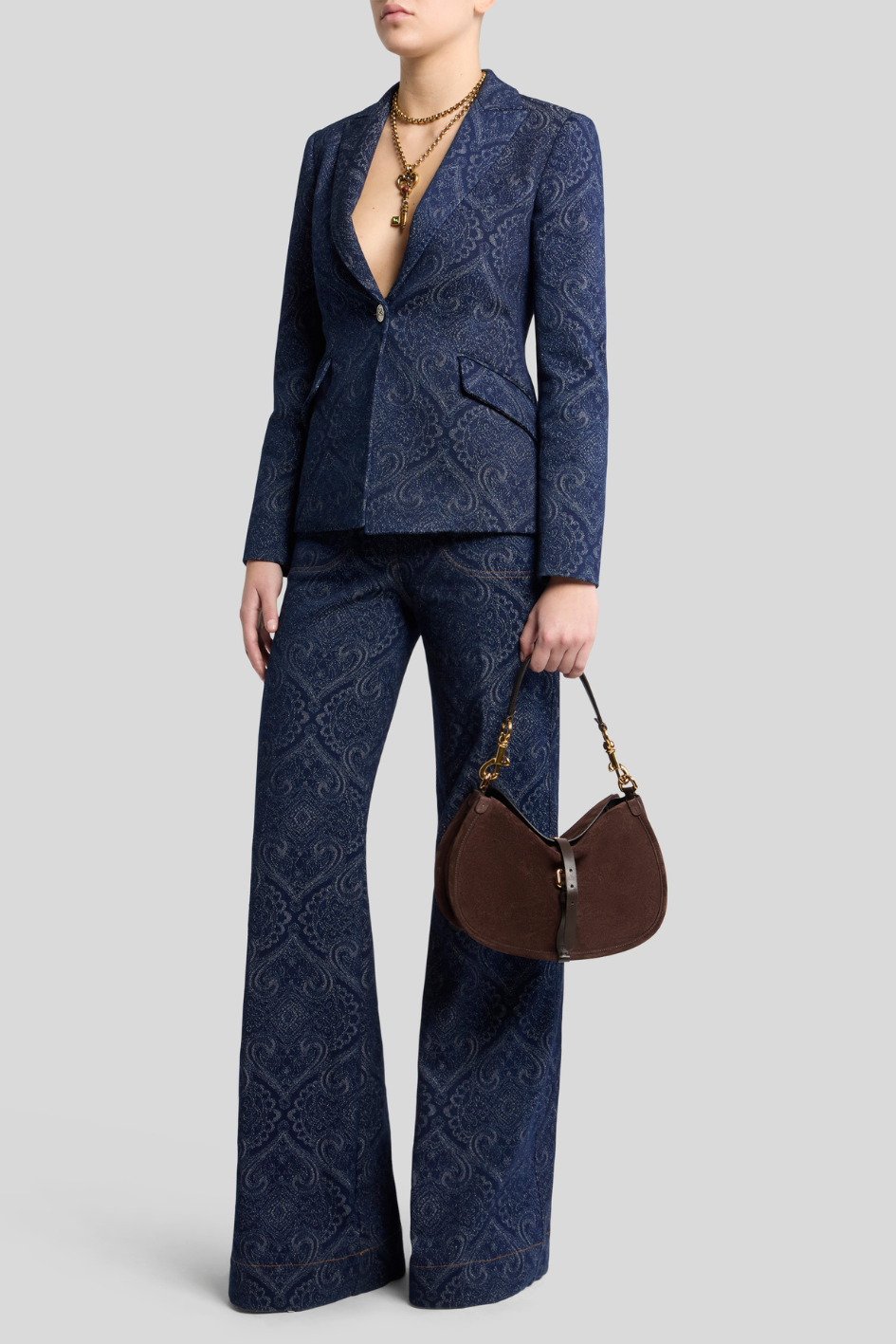 High-Waist Flared Jeans with Tonal Paisley Pattern