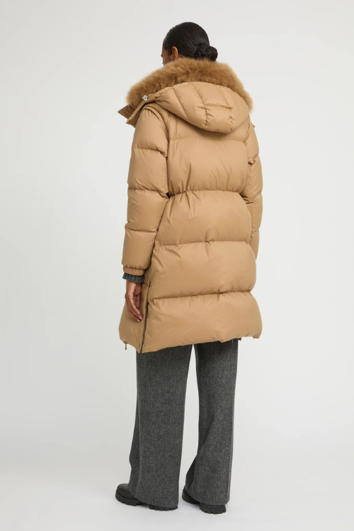 Long down Jacket with lambswool Collar Trim