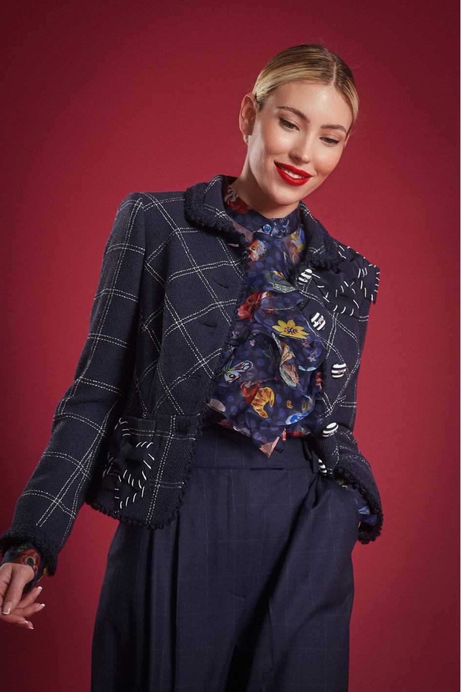 Checkered Bouclé Jacket with Appliqué