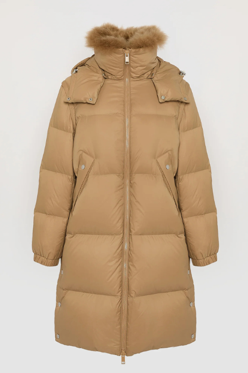 Long down Jacket with lambswool Collar Trim