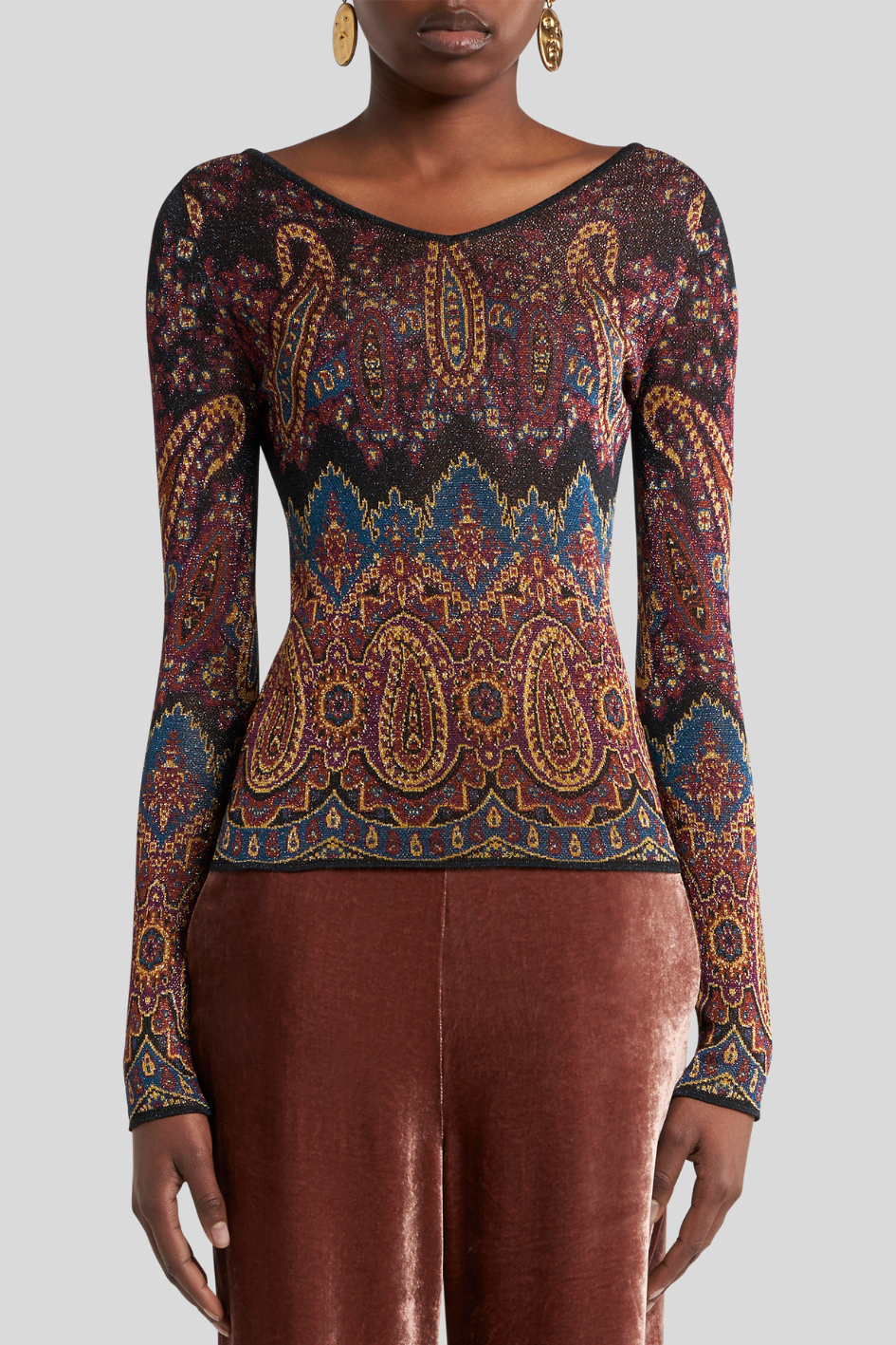 Paisley Knit Top with V-Neckline