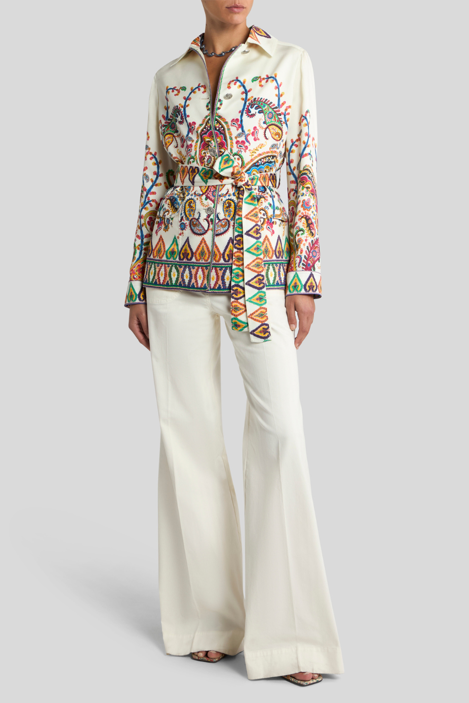 Embroidered Shirt Jacket with Tie Belt