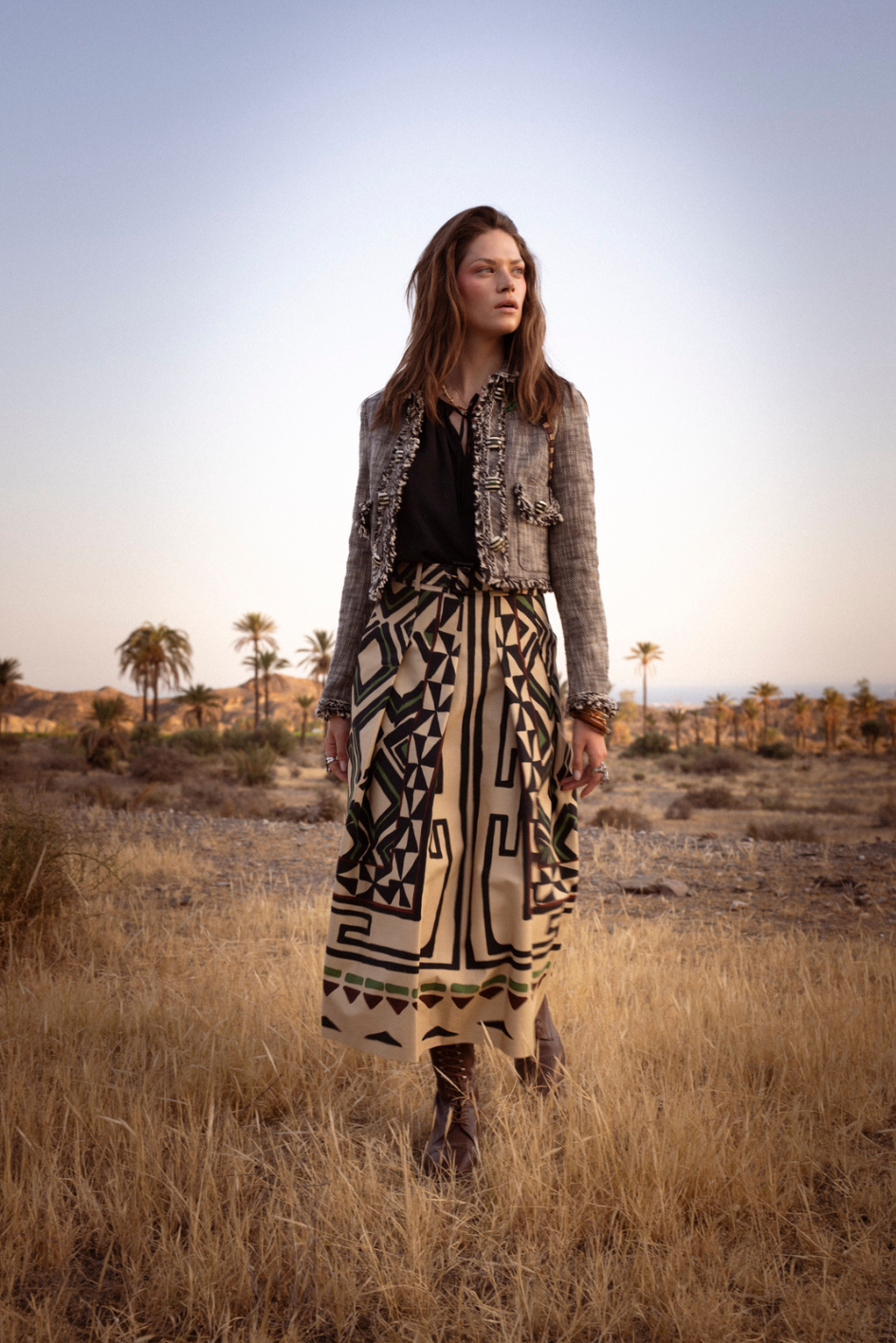 Geometric Print Midi Skirt with Belt