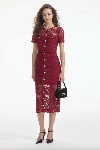 Red Guipure Lace Button Midi Dress