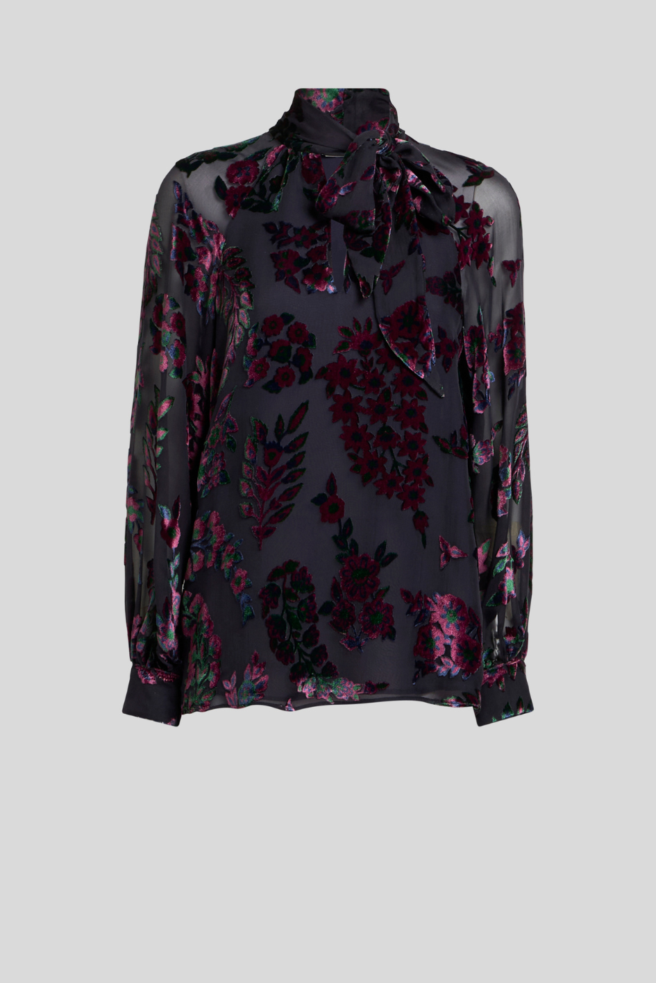 Sheer Floral Velvet Blouse with Bow