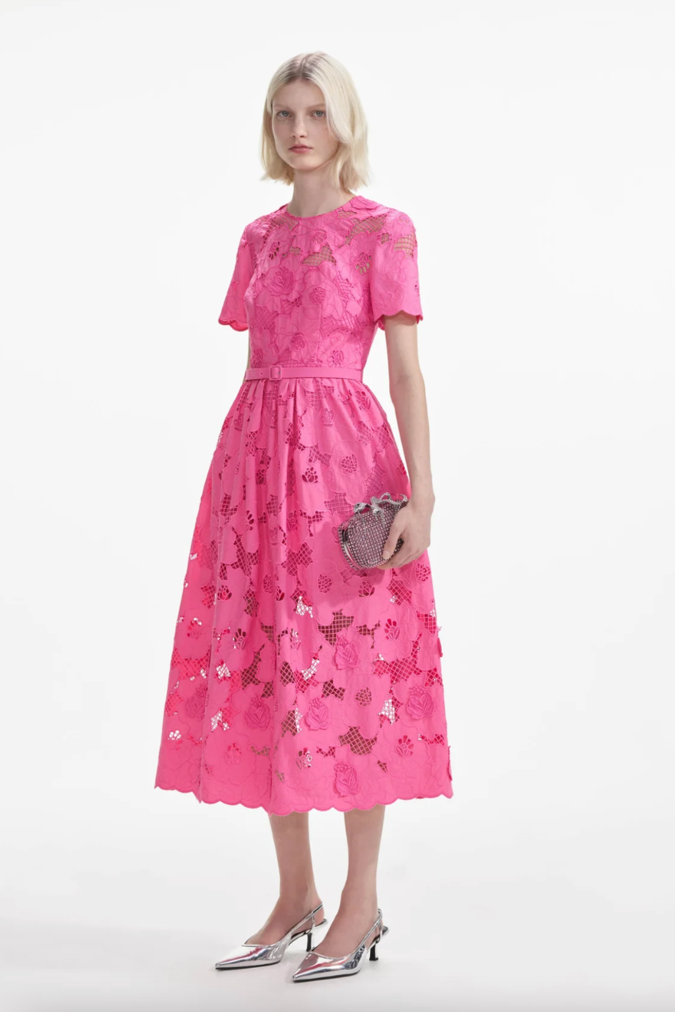 Pink Cotton Lace Midi Dress