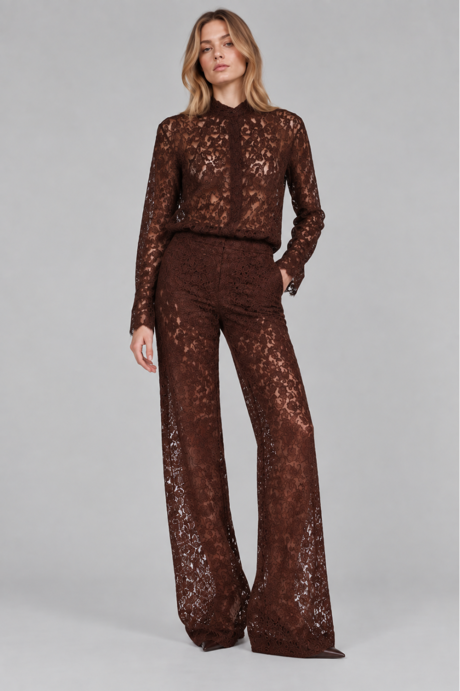 Wine Red Lace Wide-Leg Pants