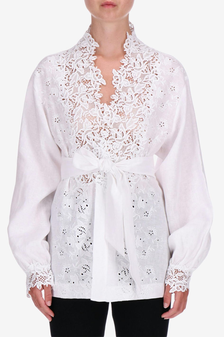 White Embroidered Lace Wrap Blouse