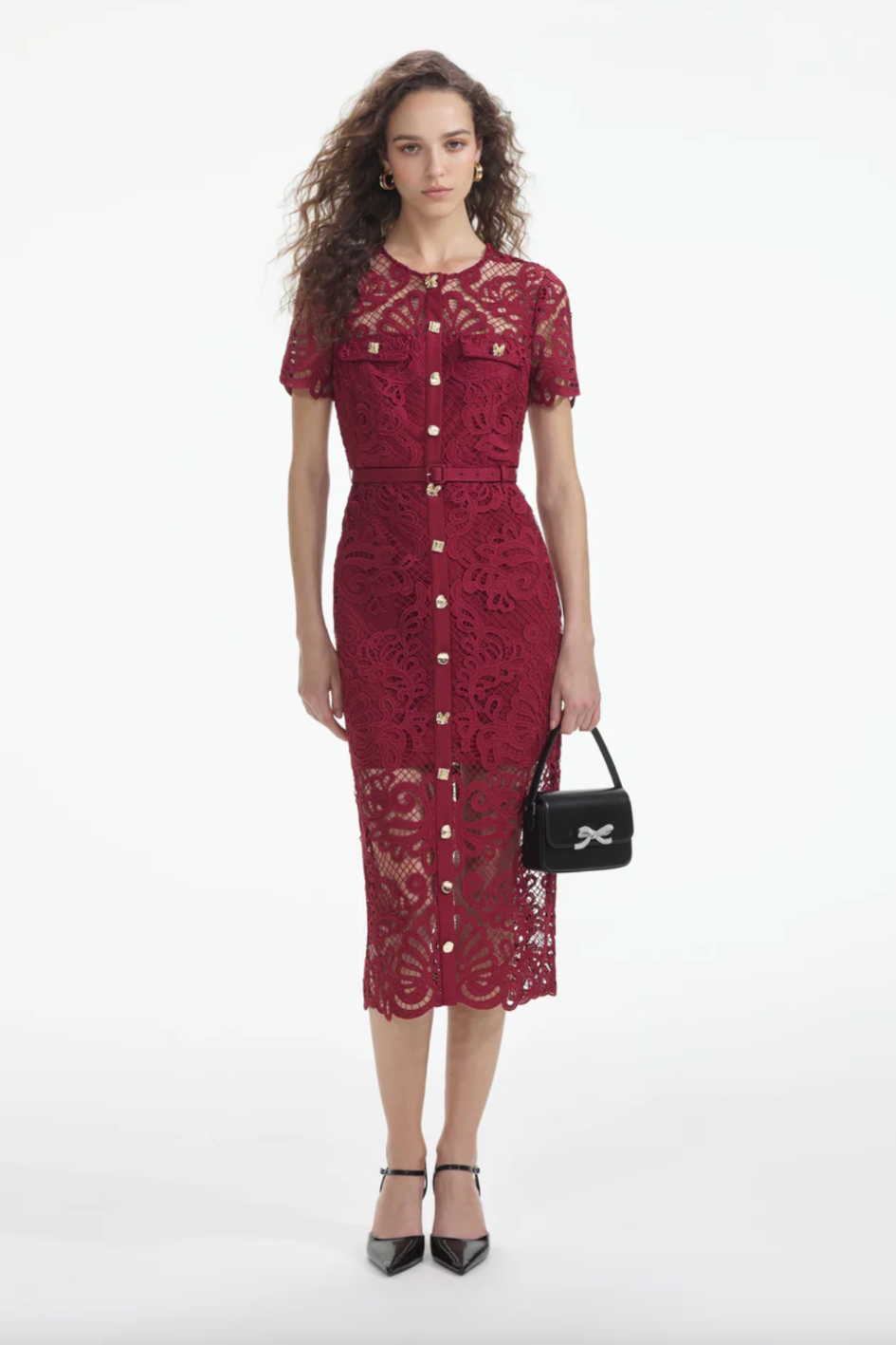 Red Guipure Lace Button Midi Dress