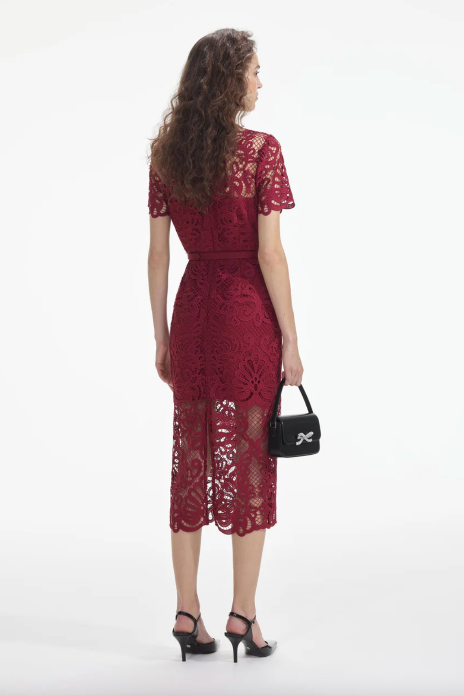 Red Guipure Lace Button Midi Dress