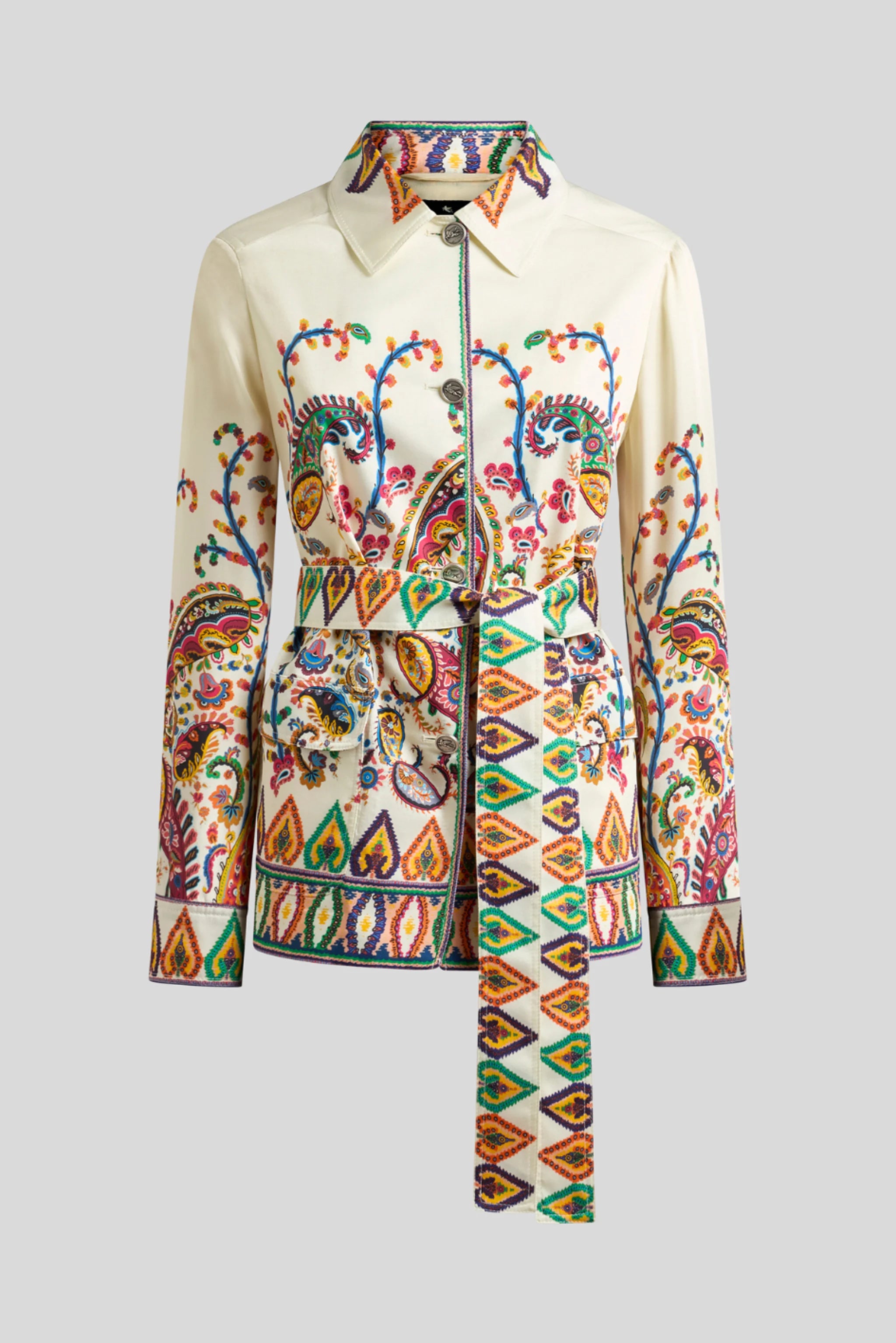 Embroidered Shirt Jacket with Tie Belt