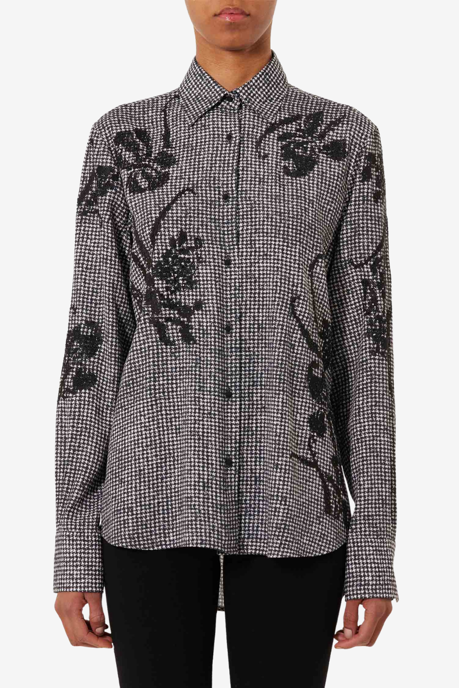 Embroidered Houndstooth Shirt with Floral Motif