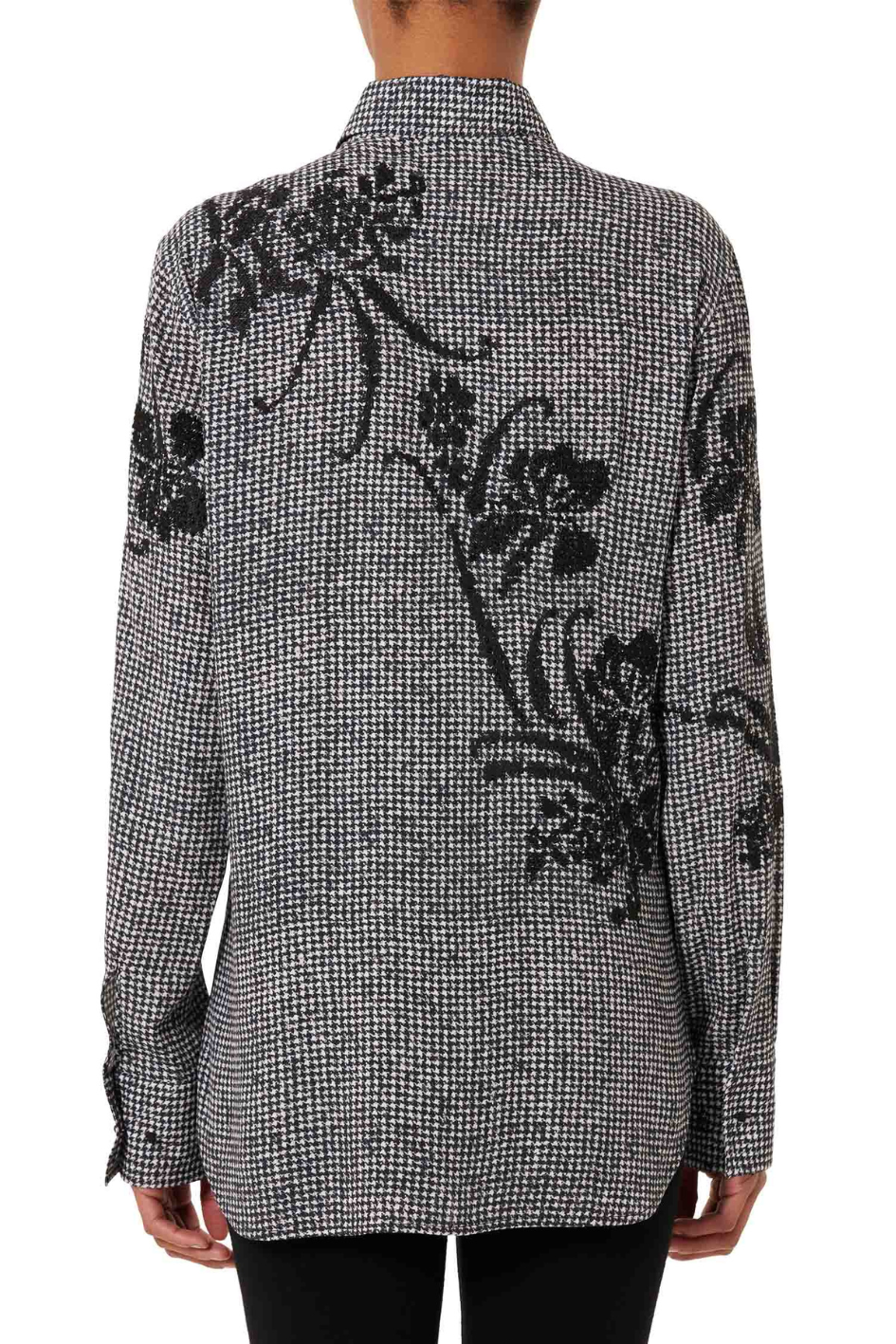 Embroidered Houndstooth Shirt with Floral Motif