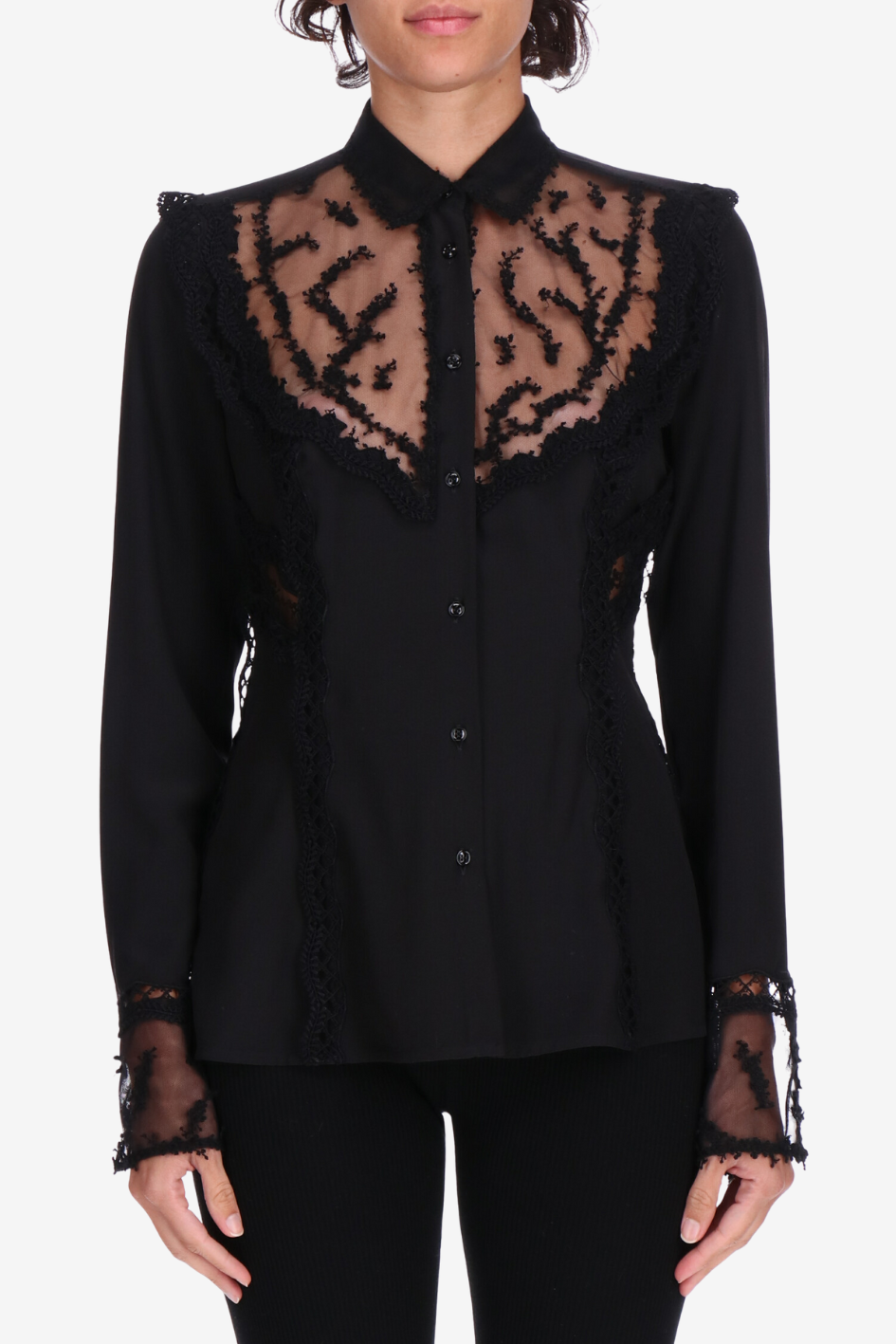 Silk Blouse with Sheer Lace Inserts