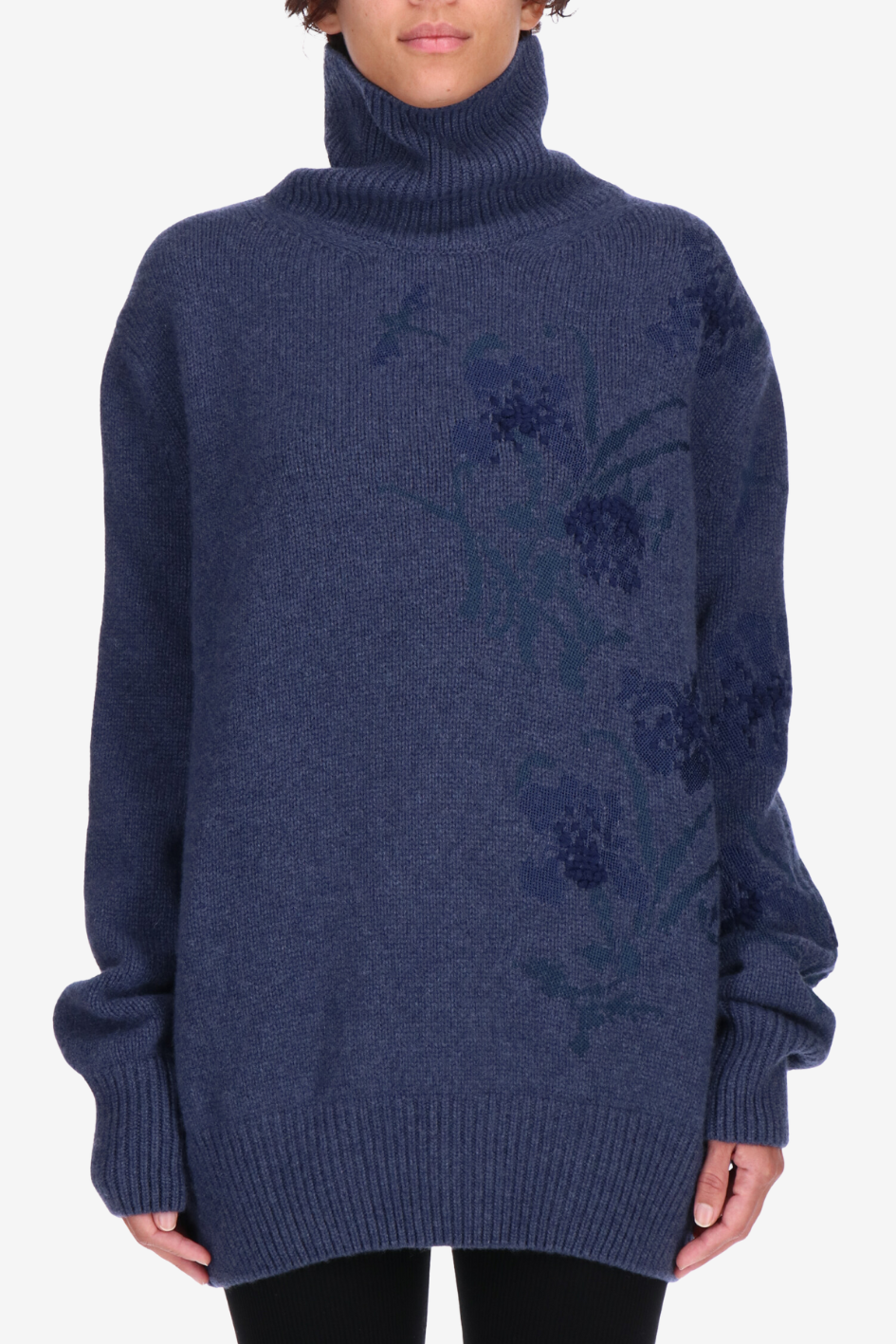 Oversized Cashmere Turtleneck Sweater with Floral Jacquard