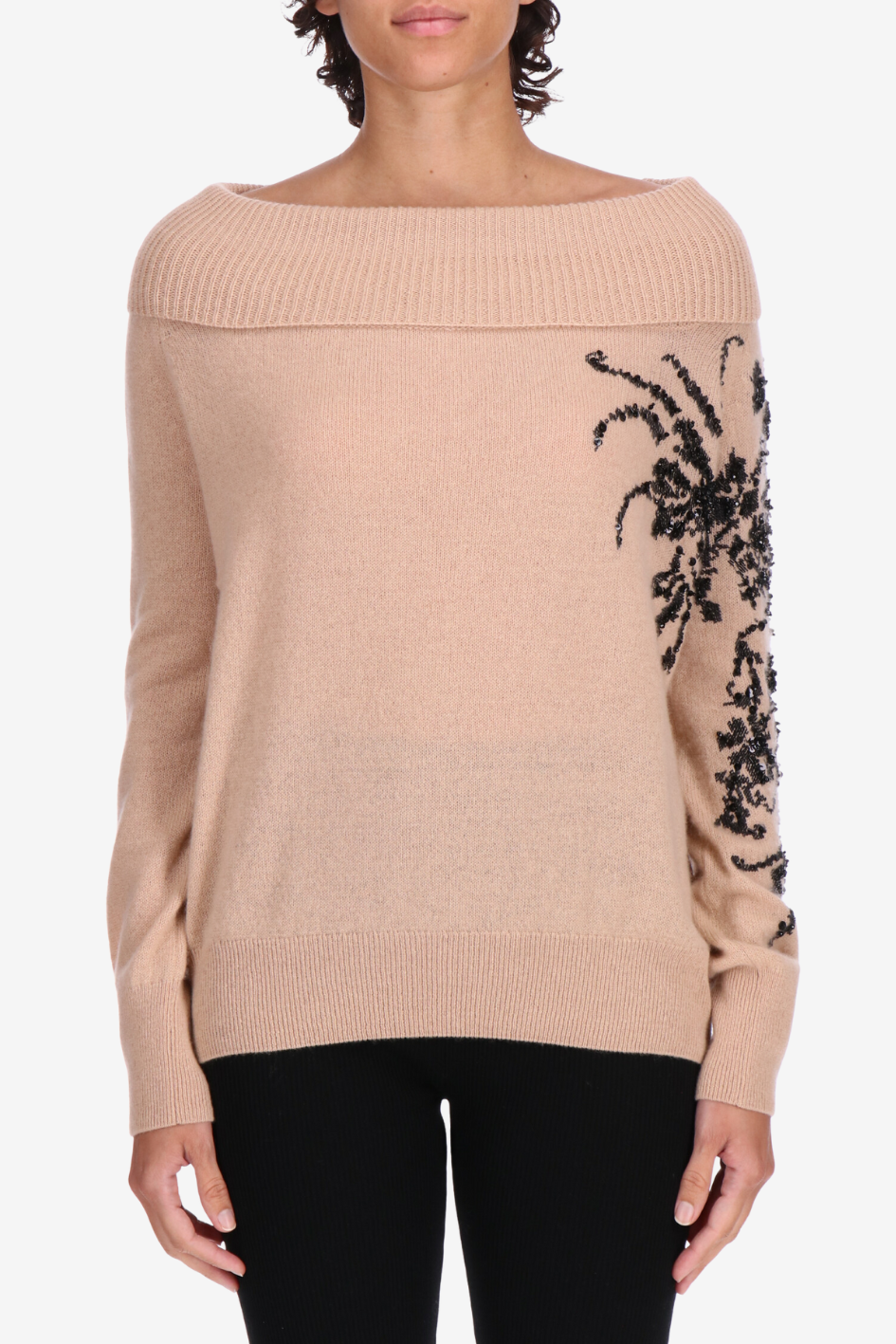 Cashmere Sweater with Embellished Sleeve and Boat Neck