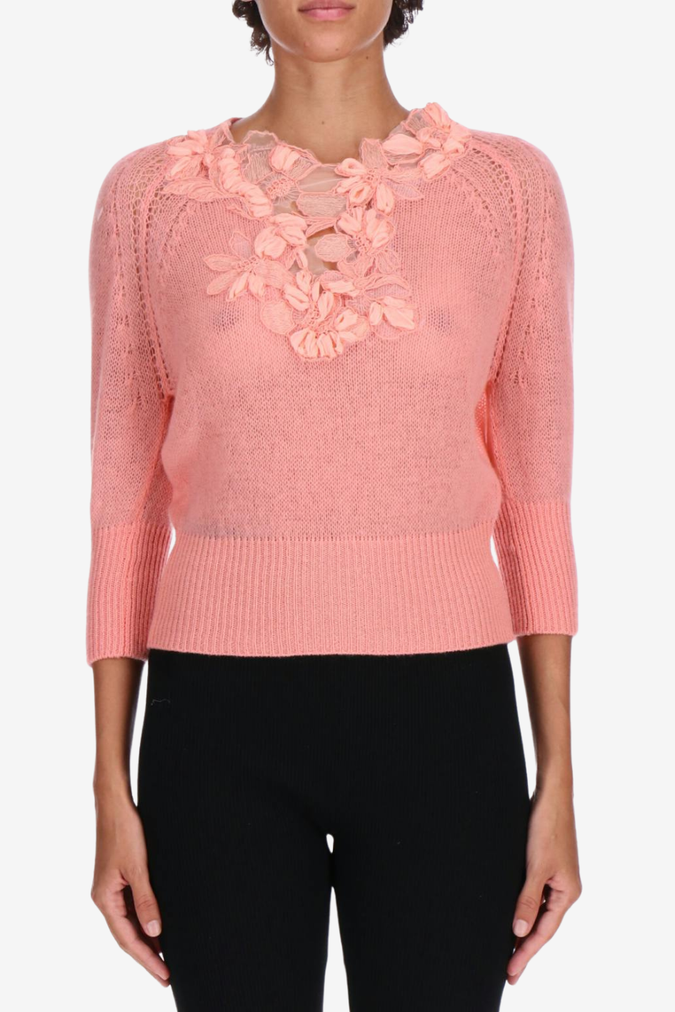 Sweater with Floral Lace Detail in Coral